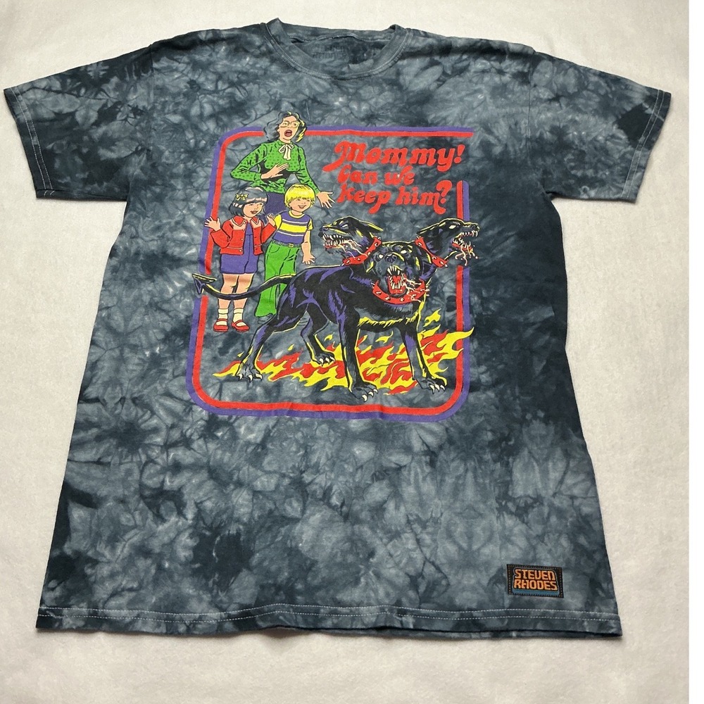 Steven Rhodes Mommy Can We Keep Him Cerberus Graphic Tee Blue Gray Tie Dye Men M